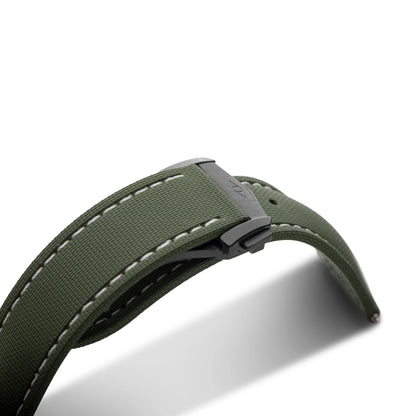 Loop-less™ HydroFlex™ Green Sailcloth Watch Strap with White Stitching