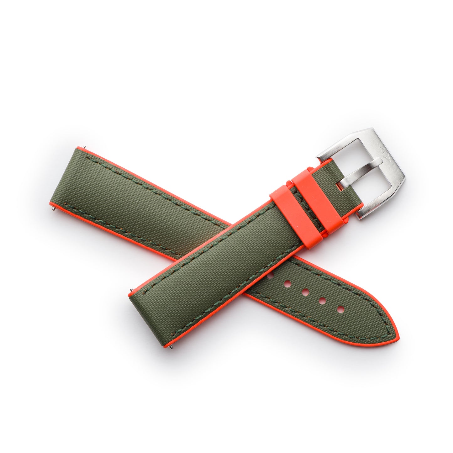 HydroFlex™ Khaki Green & Orange Hybrid FKM Watch Strap With Green Stitching