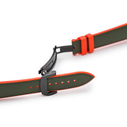 HydroFlex™ Khaki Green & Orange Hybrid FKM Watch Strap With Green Stitching