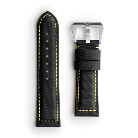 Pam Style Black Sailcloth Watch Strap with Yellow Stitching