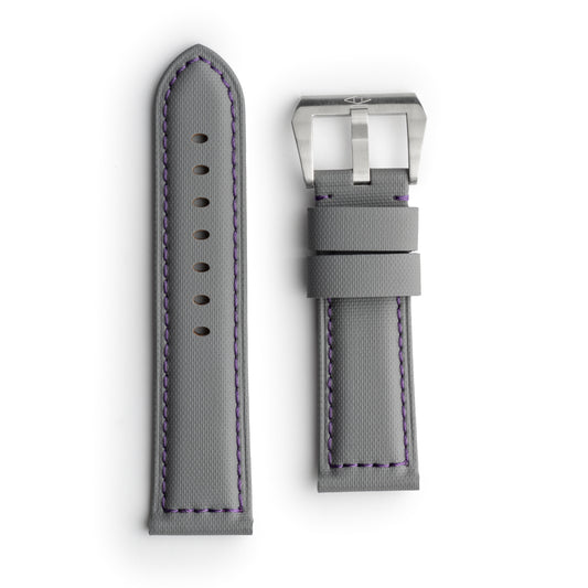 Pam Style Grey Sailcloth Watch Strap with Purple Stitching