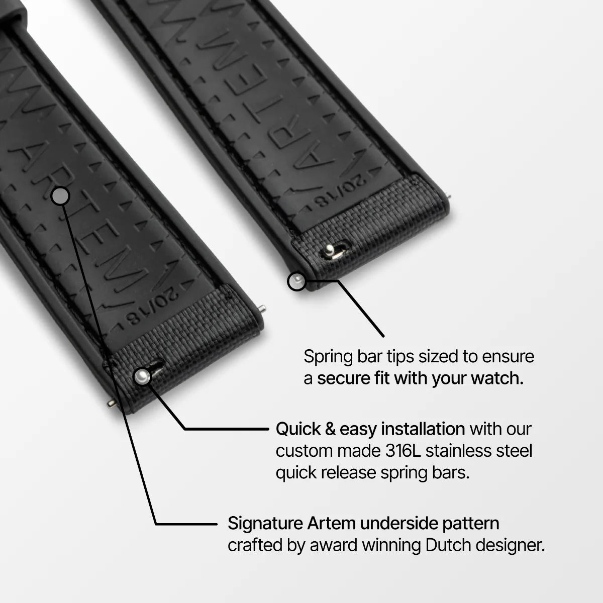 HydroFlex™ Black Hybrid FKM Watch Strap With Black Stitching