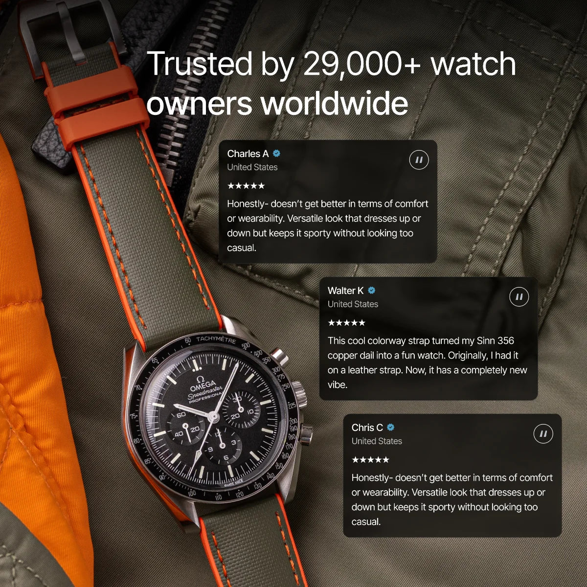 HydroFlex™ Khaki Green & Orange Hybrid FKM Watch Strap With Orange Stitching